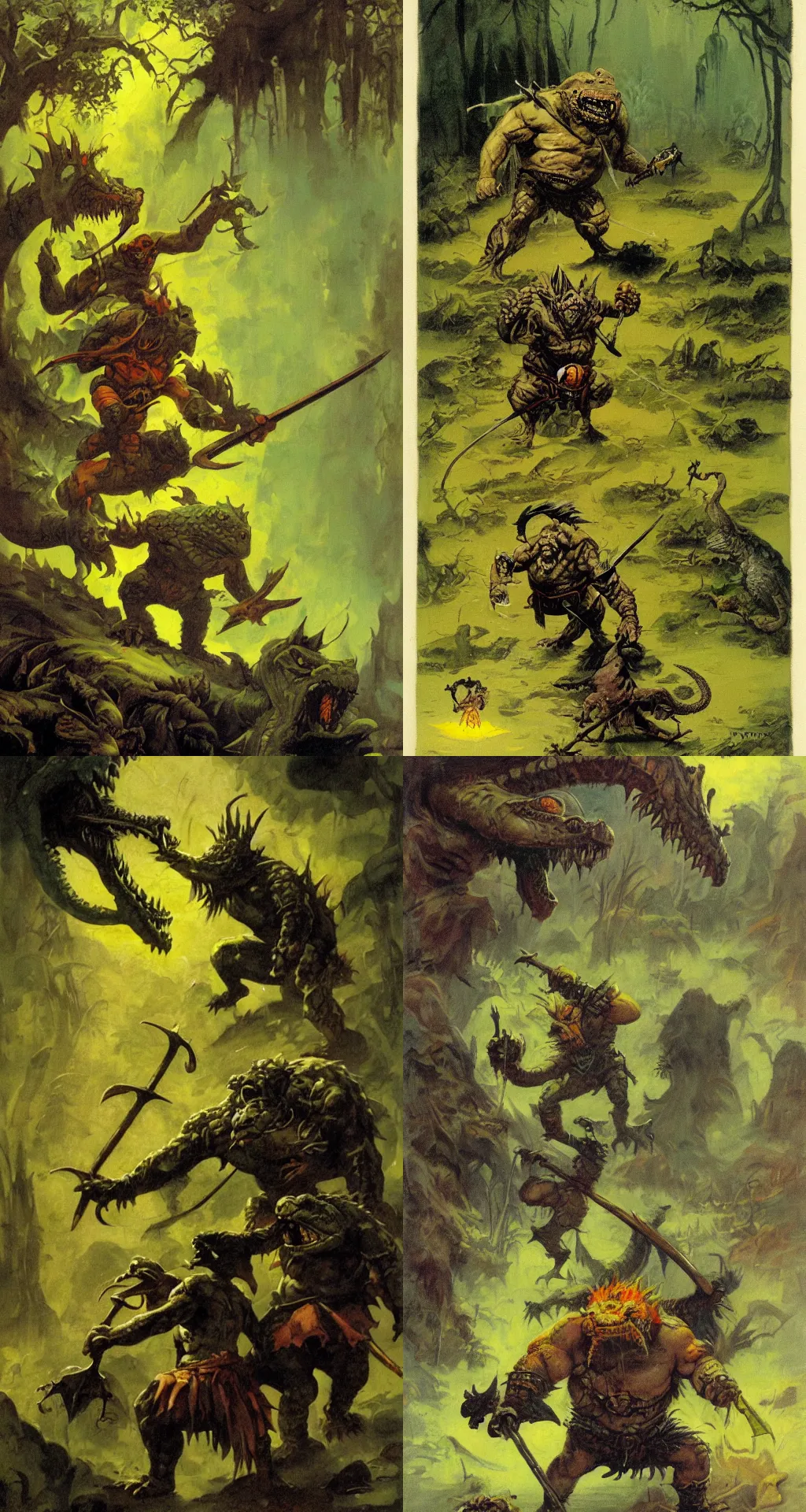 Prompt: dwarf with battle axe fights the alligator demon in misty swamp, green yellow orange and black coloration, illustration painting, frank frazetta daarken