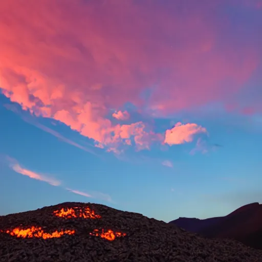 Image similar to a mountain made entirely of roasted marshmallows with marshmallow fluff flowing down the side like lava, cotton candy skies in the background