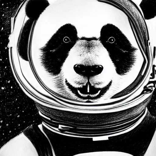 Prompt: a very detailed pencil drawing of a panda wearing an astronaut suit in space 4 k, high resolution, still, landscape, hd, dslr, hyper realistic, sketch