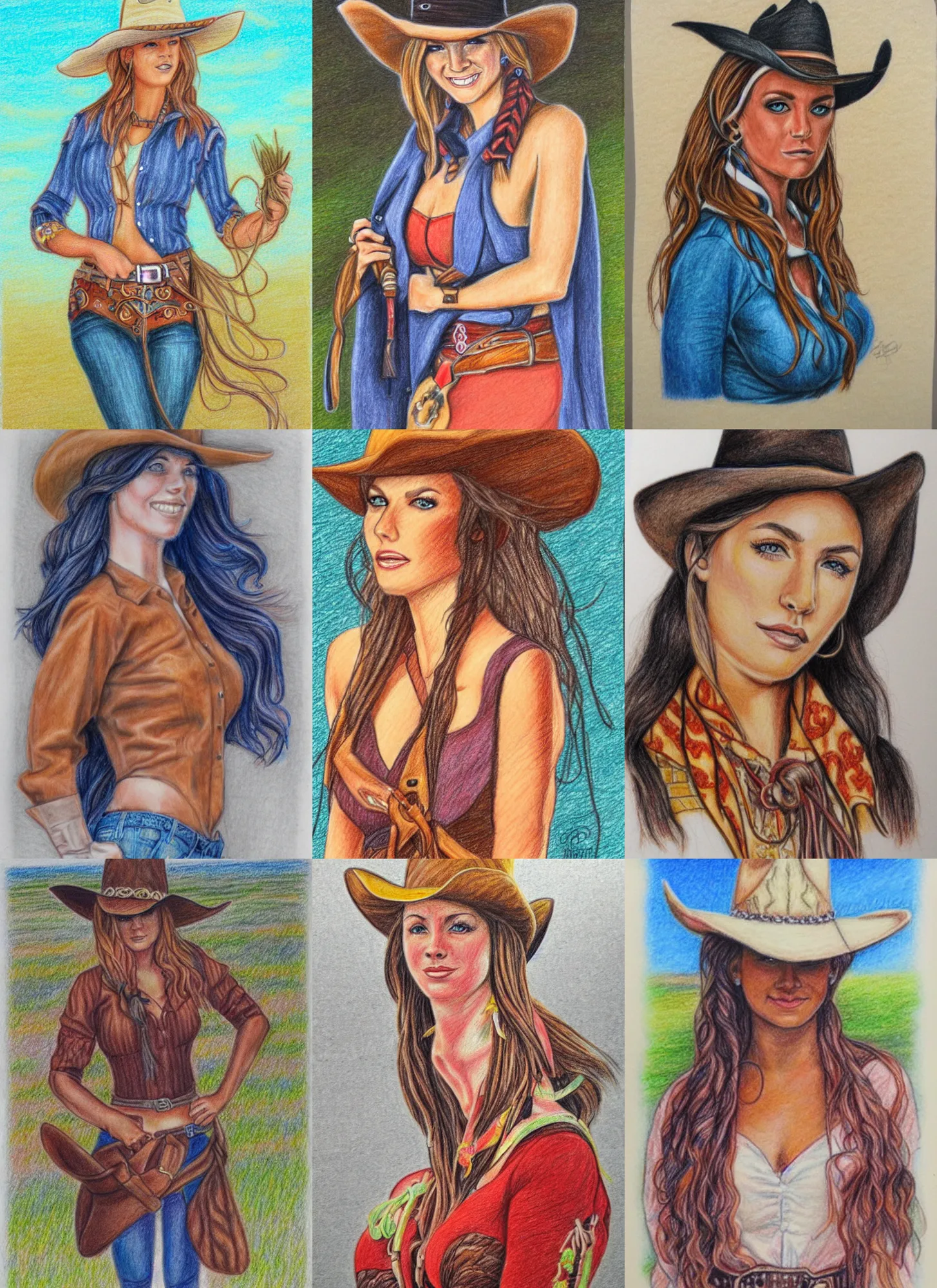 Prompt: colored pencil drawing beautiful cowgirl