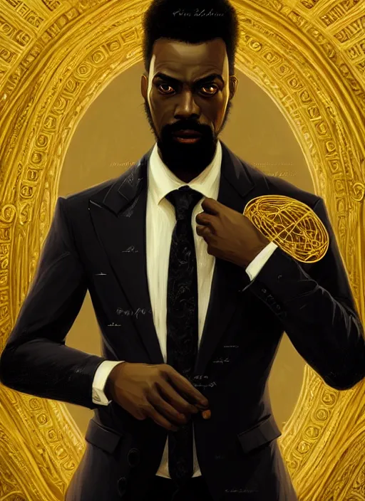 Image similar to portrait of handsome black genius in tailored suit, world map background, clean cut with goatee, intricate baroque thoughts, elegant atmosphere, glowing lights, highly detailed, digital painting, artstation, concept art, smooth, sharp focus, illustration, art by wlop, mars ravelo and greg rutkowski