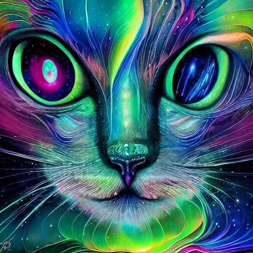 Image similar to a galaxy colored psychedelic chakra awakening kundalini ethereal portrait of a cat, eternal blessing, multiverse, by android jones, by ben ridgeway, visionary art, by artgerm, featured on artstation, cgsociety, by greg rutkowski