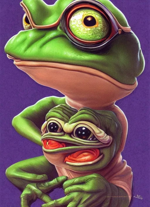 Prompt: portrait of Pepe the Frog, highly detailed, centered, solid color background, digital painting, artstation, concept art, smooth, sharp focus, vintage grainy 1970s illustration, Basil Gogos, donato giancola, Joseph Christian Leyendecker, Les Edwards, Ed Repka, Wayne Barlowe,