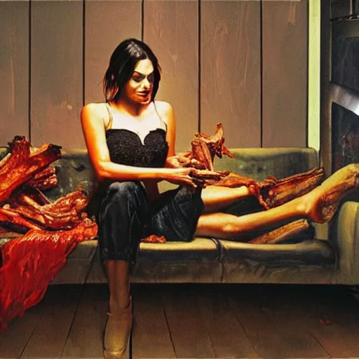 Prompt: Mila Kunis consumes bbq ribs on a sofa in a dark kitchen lit by a single bulb, painted by rick berry and norman rockwell and zdzislaw beksinski, highly detailed