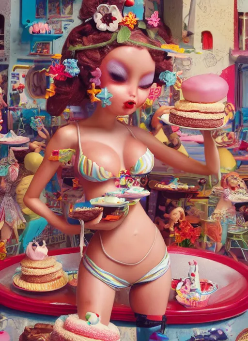 Image similar to closeup of a tin toy bikini girl eating cakes, depth of field, zeiss lens, detailed, symmetrical, centered, fashion photoshoot, by nicoletta ceccoli, mark ryden, lostfish, earl nore, hyung tae, frank frazetta, breathtaking, 8 k resolution, extremely detailed, beautiful, establishing shot, artistic, hyperrealistic, octane render