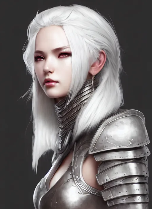 Image similar to warrior, fur leather armor!!! beautiful and elegant white hair female!! gorgeous ayes!! character concept art, sharp focus, octane render! unreal engine 5! highly rendered!! trending on artstation!! detailed linework!! illustration by artgerm, wlop, and chie yoshii