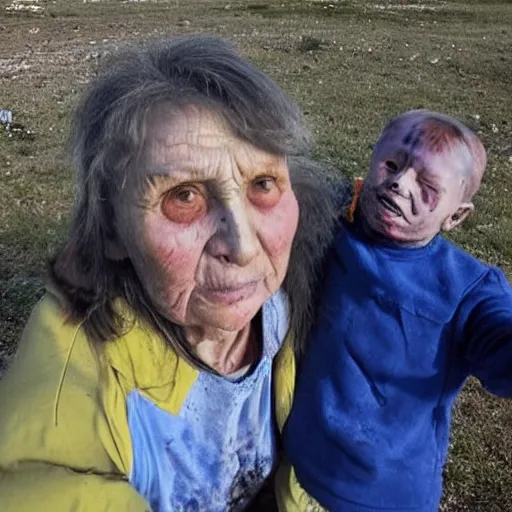 Image similar to selfie of the last surviving ukrainian with children, wild pain and damage to the body burns alive to the bone, painted in dirty yellow - blue colors, a huge nuclear explosion is approaching in the background