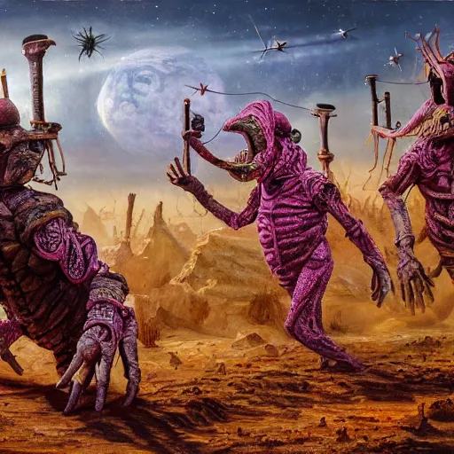 Prompt: extraterrestrial farmers on ancient post - apocalyptic planet, jim henson creature shop, vivid and colorful, cinematic, oil painting, highly detailed, illustration