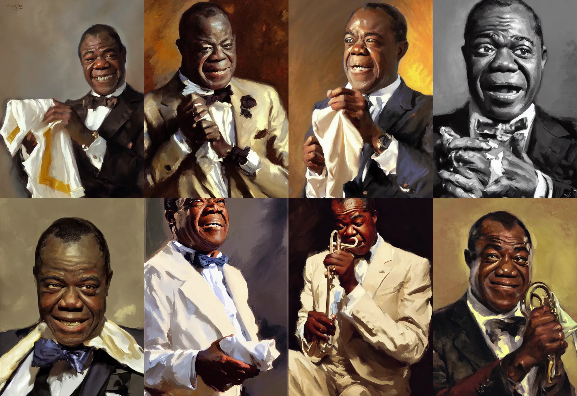 Prompt: a portrait of louis armstrong holding a white handkerchief, by john singer sargent and jonathan yeo and greg manchess, dramatic lighting, highly detailed digital painting