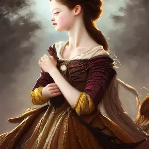 Image similar to beautiful & striking Mackenzie Foy as a 1700s princess by Artgerm and Greg Rutkowski, intricate, elegant, highly detailed, digital painting, artstation, concept art, moody, sharp focus, illustration,