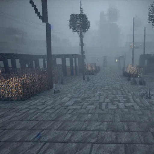 Image similar to silent hill in style of minecraft, highly detailed, realistic, 8 k