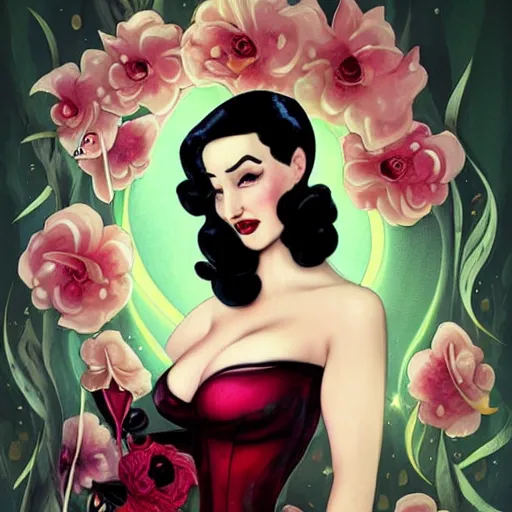 Image similar to a pinup illustration of dita von teese in the style of anna dittmann and in the style of alex maleev.