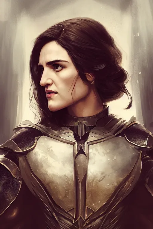 Image similar to portrait, Katie Mcgrath , paladin , face portrait, raphael lacoste, eddie mendoza, alex ross, concept art, matte painting, highly detailed, rule of thirds, dynamic lighting, cinematic, detailed, denoised, centerd