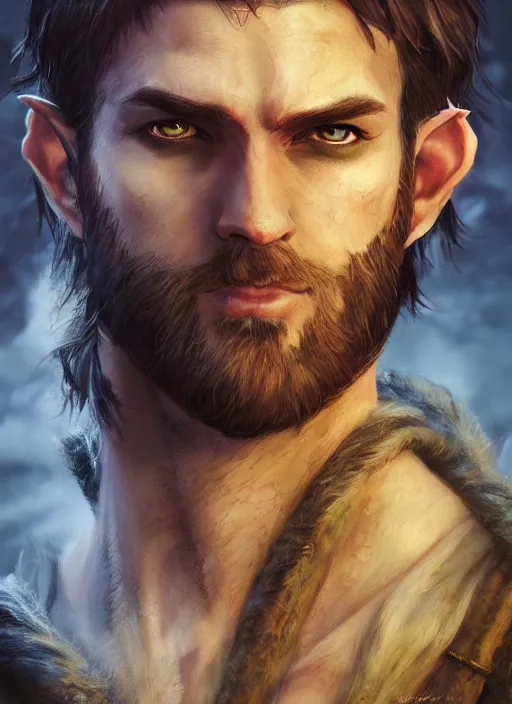 Image similar to An epic fantasy comic book style portrait painting of an arrogant half elf ranger with shaggy brown hair, scruffy beard, scar on face, blue tunic, unreal 5, DAZ, hyperrealistic, octane render, cosplay, RPG portrait, dynamic lighting