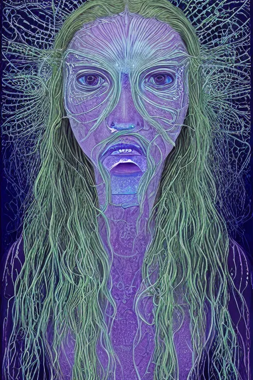 Image similar to dark underwater portrait of a Bioluminescent woman, with reaction diffusion semi-transparent skin. face closeup. long intricate dark hair, with jellyfish. very high detail, illustration, by alex grey