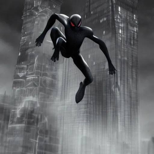 Image similar to moody atmospheric render of a white and black spiderman by leon tukker