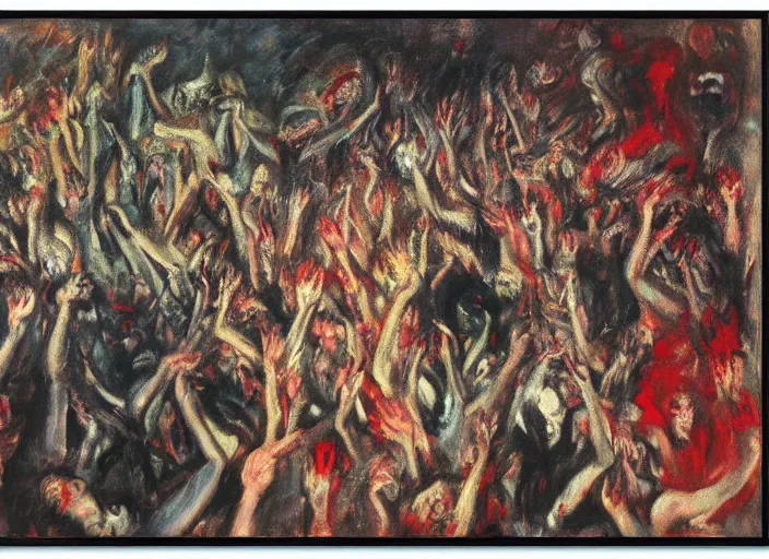 Image similar to mosh pit full of demons and beautiful women in hell ’ s nightclub, sfumato abstract oil on canvas, by rothko, by jackson pollock, by monet