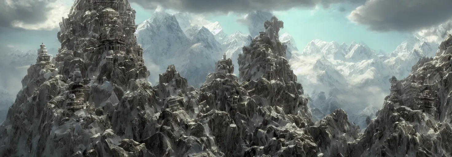 Image similar to intricate crystallographic citadel structure architecture on top of the himalayas over a cloudscapes, by albert bierstadt, by glen small, realism, photorealism, octane render, unreal engine, volumetric light, depth of field, volumetric clouds, god rays, lens flares, detailed, intricate, digital art, deviant art, mandelbulb 3 d