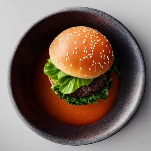 Prompt: a juicy hamburger swimming in a bowl of coca cola, 8 k resolution, studio lighting, sharp focus, professional food photography, hyper - detailed