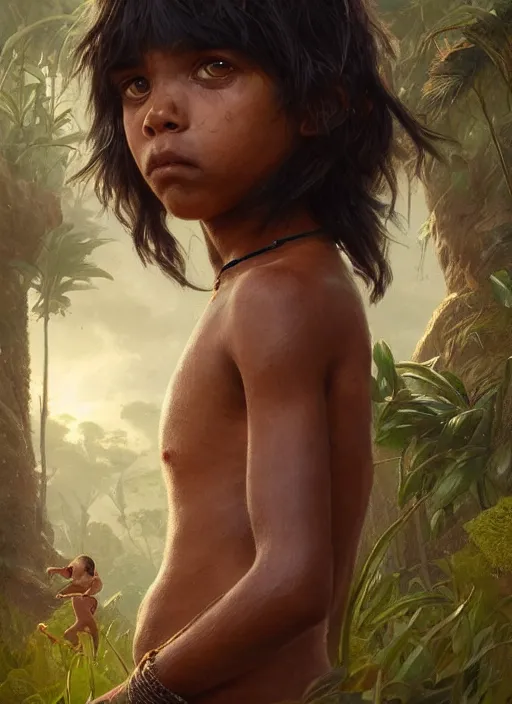 Prompt: highly detailed portrait of mowgli, unreal engine, cinematic light, warm, fantasy art by greg rutkowski