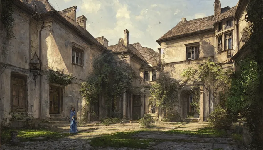 Image similar to portrait of a georgian manor house on a street, courtyard, highly detailed, architecture, blue sky, cinematic lighting, godrays, volumetric, digital art painting by greg rutkowski