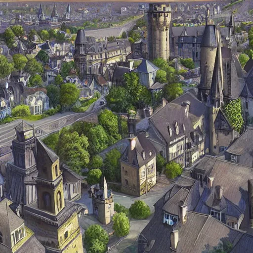 Image similar to elegant fantasy capital city, in the foreground sprawling houses and shops lining the crowded streets. in the background is a large stone castle with several tall spires. view from the ground looking from a street towards the castle. realistic, highly detailed painting concept art style