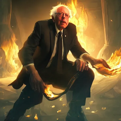 Image similar to portrait of bernie sanders burning money, league of legends amazing splashscreen artwork, splash art, natural light, elegant, photorealistic facial features, intricate, fantasy, detailed face, atmospheric lighting, anamorphic lens flare, cinematic lighting, league of legends splash art, hd wallpaper, ultra high details by greg rutkowski