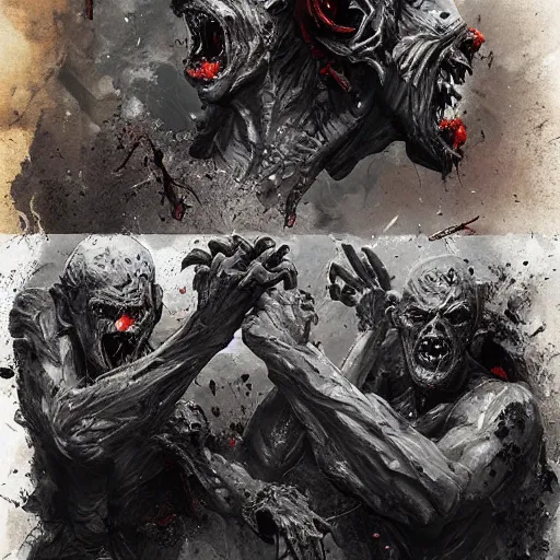 Prompt: two angry zombie men tearing off each other's heads, intricate, art by greg rutkowski, high detailed, 4 k,