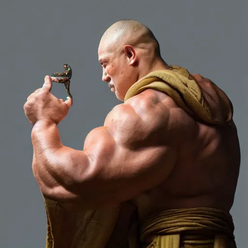 Image similar to bodybuilder turtle wearing a monk robes holding incense burner. natural lighting by ruan jia, portrait