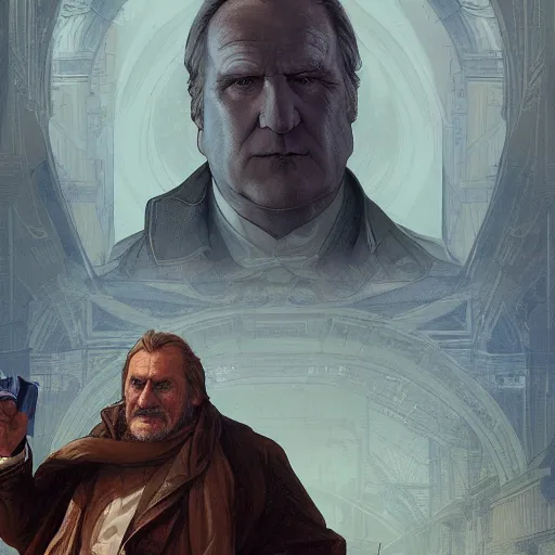 Image similar to [robot Depardieu as president of France! as GTA character, mystic hermit, closeup, D&D, intricate, elegant, highly detailed, digital painting, artstation, concept art, matte, sharp focus, illustration, art by Artgerm and Greg Rutkowski and Alphonse Mucha]