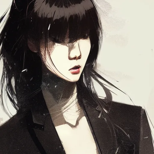 Image similar to portrait of a beautiful korean girl wearing a men's tuxedo, with bangs, very long hair and bangs, angular features, angry expression, dramatic lighting, illustration by Greg rutkowski, yoji shinkawa, 4k, digital art, concept art, trending on artstation