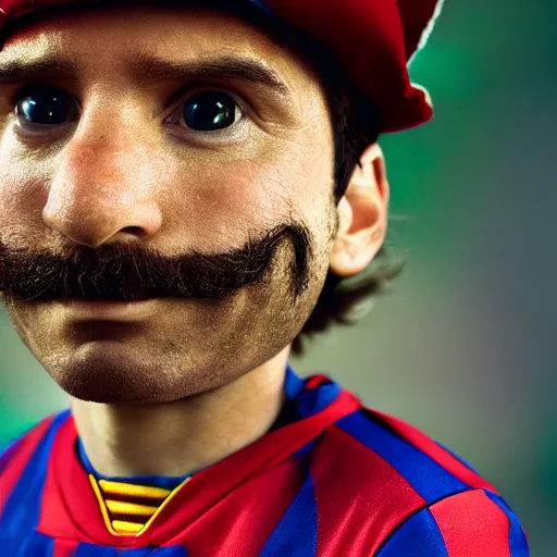 Image similar to closeup portrait of Lionel Messi dressed as toad, Nintendo, by Steve McCurry and David Lazar, natural light, detailed face, CANON Eos C300, ƒ1.8, 35mm, 8K, medium-format print