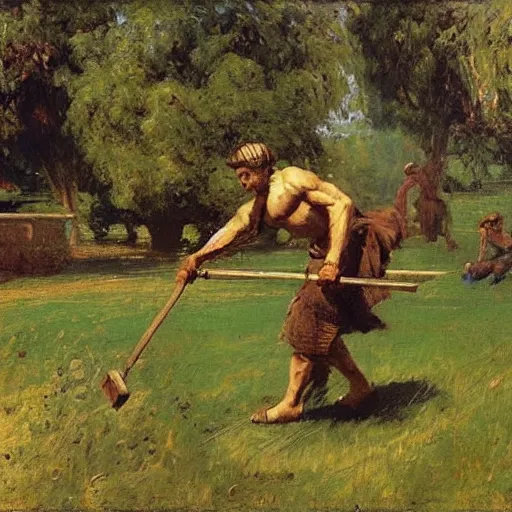 Image similar to A spartan mowing the lawn, photorealistic, by Ilya Repin and Dr. Seuss