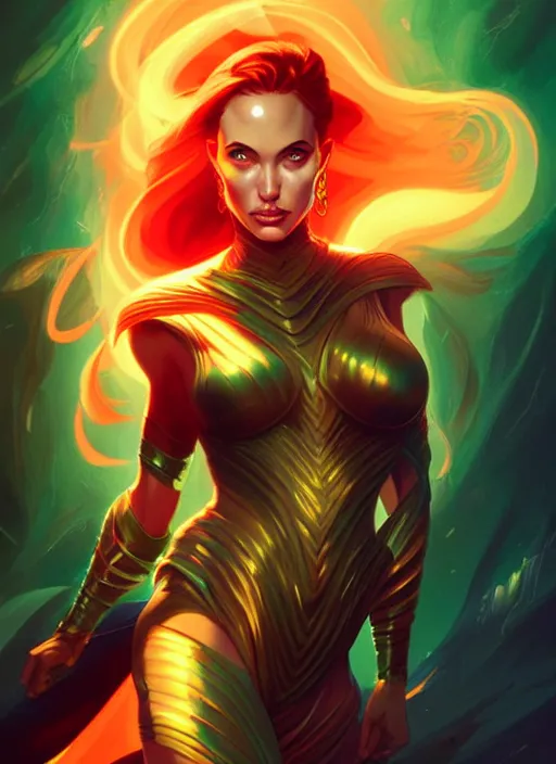 Prompt: style artgerm, joshua middleton, illustration, angelina jolie as paladin, strong, muscular, muscles, orange hair, swirling green flames cosmos, fantasy, cinematic lighting, collectible card art