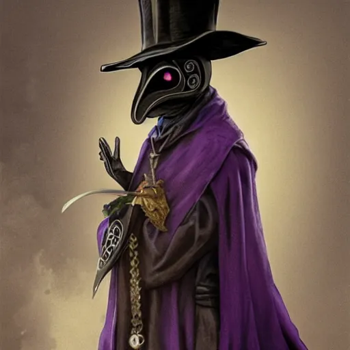 Image similar to mediaeval plague doctor wearing a top hat with a purple ribbon, intricate, epic, highly detailed, digital painting, artstation, concept art, smooth, sharp focus, illustration, unreal engine 5, 8 k, art by artgerm and greg rutkowski and alphonse mucha