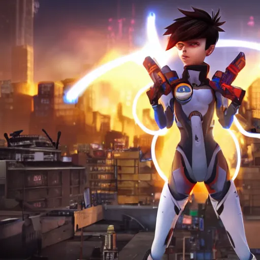 Image similar to tracer, standing on rooftop, 4 k, detailed, smiling at camera, detailed eyes, confident stance, detailed face, feminine face, burning exploding city in background