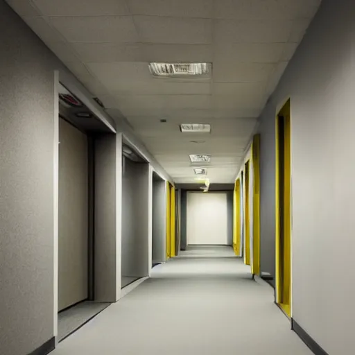 Prompt: endless maze of corridors, wet gray carpet, light yellow wallpaper, office ceiling