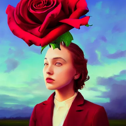 Prompt: closeup, large rose flower head, portrait, girl in a suit, surreal photography, sunrise, blue sky, dramatic light, impressionist painting, digital painting, artstation, simon stalenhag