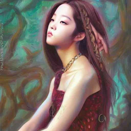 Image similar to a painting of jisoo of blackpink in the style of donato giancola, and in the style of charlie bowater, and in the style of jules ferdinand jacquemart. symmetry, smooth, sharp focus, semi - realism.