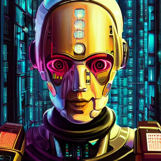 Image similar to digital portrait painting of a cyberpunk robot by Dan Mumford, hyperdetailed, trending on Artstation