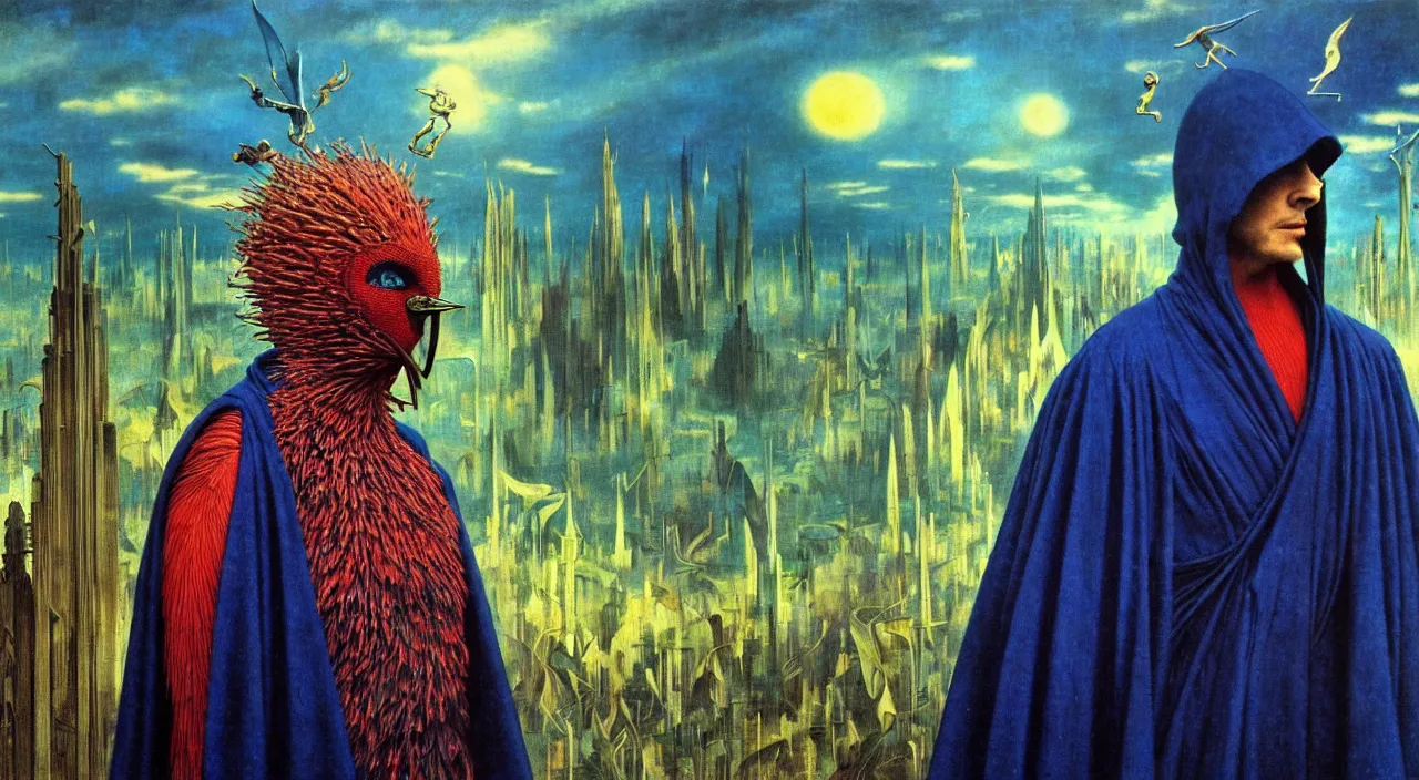 Image similar to realistic detailed portrait movie shot of a birdman wearing dark robes, sci fi city landscape background by denis villeneuve, amano, yves tanguy, alphonse mucha, ernst haeckel, max ernst, roger dean, masterpiece, rich moody colours, blue eyes, occult