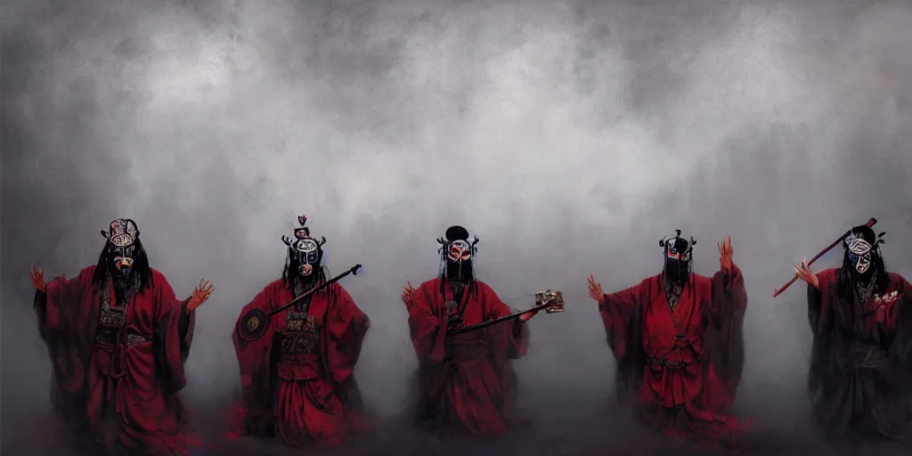 Image similar to 3 ancient chinese generals with chinese peking opera masks singing with guitars, the background is misty forest, full of red and black swirling smoke, harry potter, death eaters, dementors, craig mullins, albert bierstadt, greg rutkowski, tarkovski, realistic, highly detailed, artstation, early morning, atmospheric, aestetic, moody