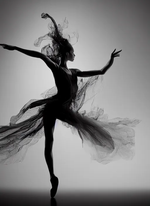 Image similar to a Photorealistic dramatic hyperrealistic render of a glamorous beautiful Female smoke dancer by Ken Brower and Deborah Ory of NYC Dance project,Lois Greenfield,Flowing cloth and smoke,Beautiful dynamic dramatic dark moody lighting,volumetric,shadows,cinematic atmosphere,Octane render,8K