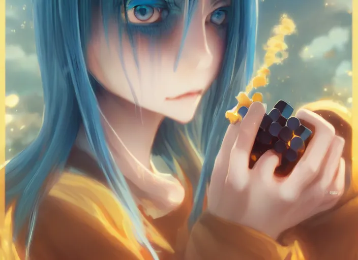 Image similar to rimuru playing chess, with amber eyes of gold color, straight hair, sky blue hair, long bangs, high collar, concept art, award winning photography, digital painting, cinematic, by wlop, anime key visual, wlop, 8 k, by ross tran, tom bagshaw, andy warhol