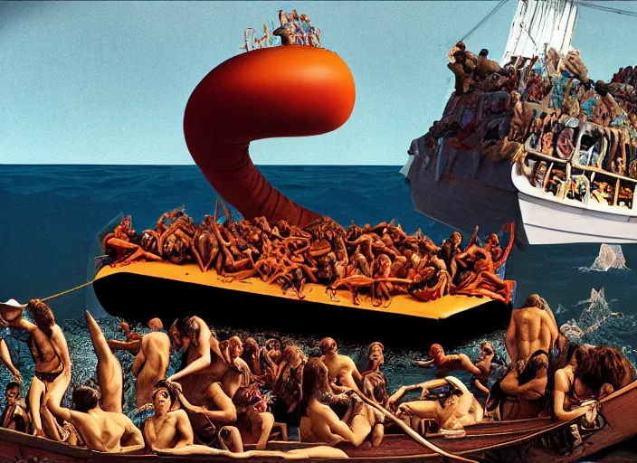 Image similar to photo of the raft of the medusa, by annie leibovitz by roger corman by richard corben by william eggleston, fujifilm velvia 5 0. masterpiece, intricate, hyper realism, high detail, octane render, unreal engine, 8 k