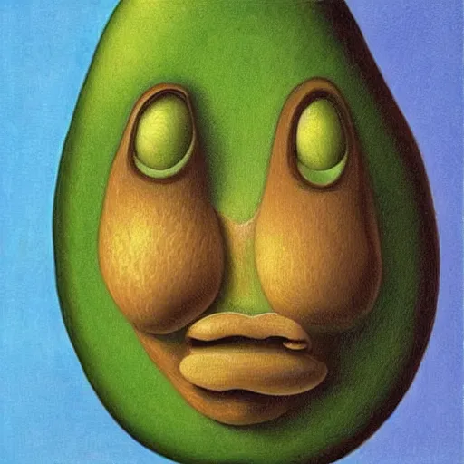 Prompt: A portrait of a humanoid grumpy old avocado that has big eyes, oil painting by Salvador Dali