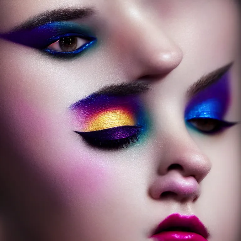 Image similar to amazing closeup portrait of a young woman with beautiful colorful make up by Sir John, Pat McGrath, perfect colorful eyeshadows, 50mm portrait, beautiful detailed intricate insanely detailed octane render trending on Artstation, 8K artistic photography, photorealistic, dramatic volumetric cinematic perfect light, chiaroscuro, award-winning photograph, masterpiece, Raphael, Caravaggio, harsh flash photography