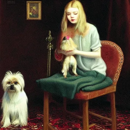 Image similar to Elle Fanning and a Yorkshire terrier, extremely detailed masterpiece, illustration, by Michael Sowa,