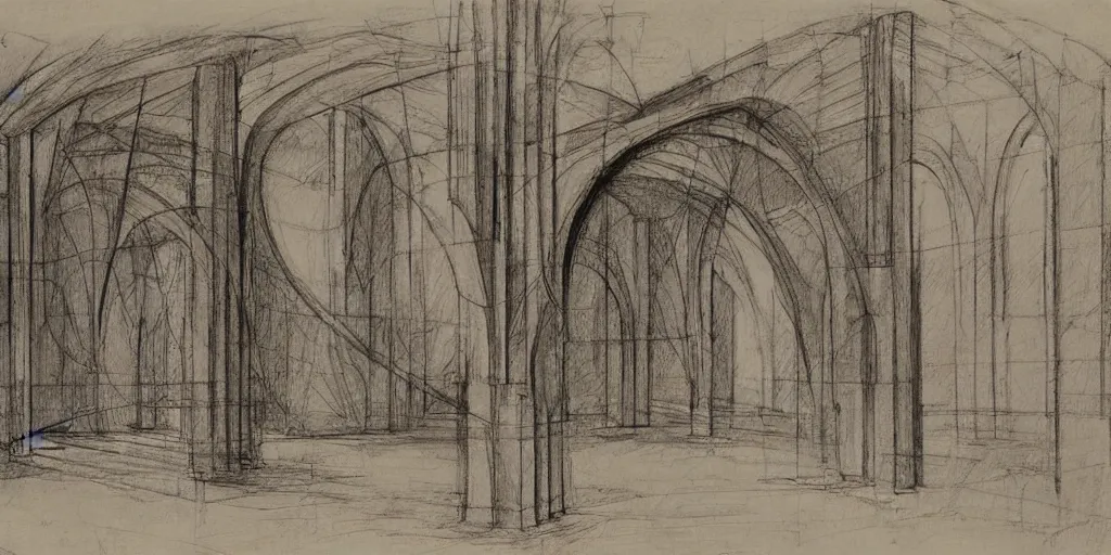 Image similar to sketch by da vinci and Zaha Hadid for mosque in old paper