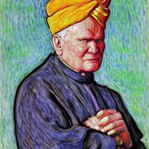 Prompt: portrait of john paul ii wearing piccolo's turban from dragon ball z by claude monet